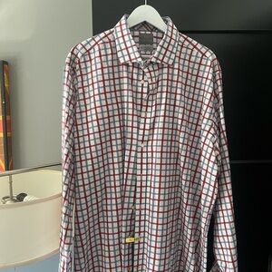 Men’s Thomas dean casual long sleeve button down, red/black/blue check pattern.